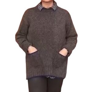 Lis Lareida 67% Yak 33% Cashmere Knit Grey Navy Trim Sweater Sz S